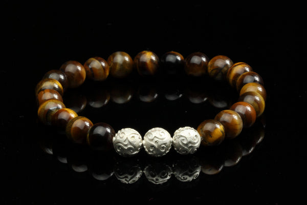 Simple Yellow Tiger´s Eye Men`s Bracelet with Rare Silver Beads