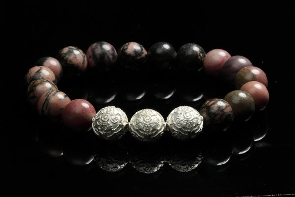 Grand Jaguar Jasper Men`s Bracelet with Rare Silver Beads