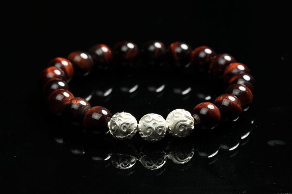 Simple Red Tiger Eye Men`s Bracelet with Rare Silver Beads