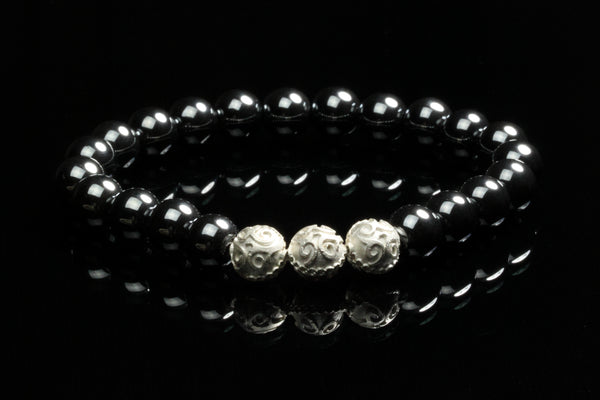 Simple Hematite Men`s Bracelet with Rare Silver Beads