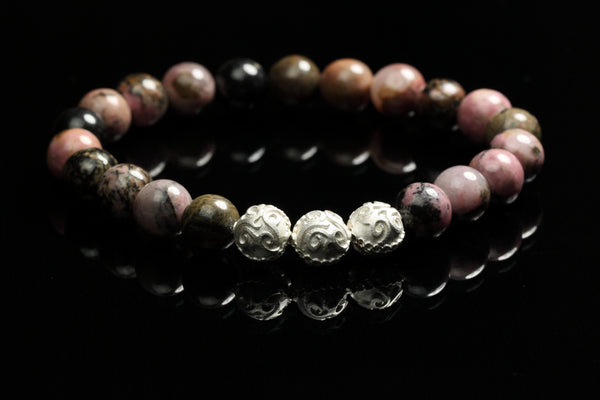 Simple Jaguar Jasper Men`s Bracelet with Rare Silver Beads