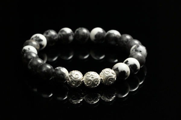 Simple Zebra Jasper Men`s Bracelet with Rare Silver Beads