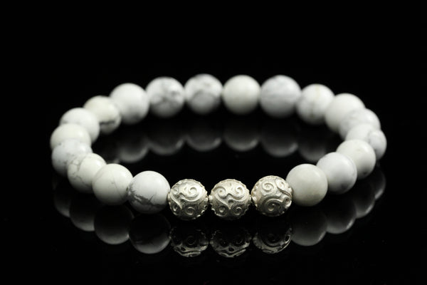 Simple Howlite Men`s Bracelet with Rare Silver Beads