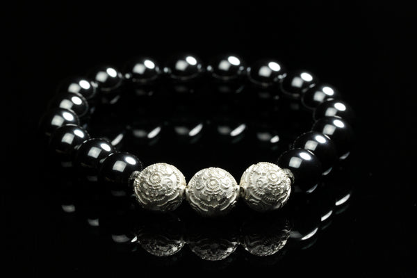 Grand Hematite Men`s Bracelet with Rare Silver Beads