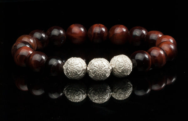 Grand Red Tiger´s Eye Men`s Bracelet with Rare Silver Beads