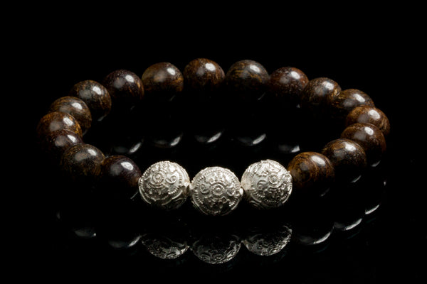 Grand Bronzite Men`s Bracelet with Rare Silver Beads